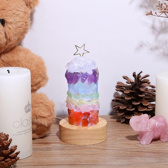 Lighting Healing Crystal Lamp 2023 Upgrade Chakra Crystal Light LED Natrual Crystals Gravel Night Light with Wooden Base& USB Wire Highth 5.1" inch (Standard Size)