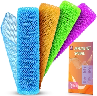 4 Pieces African Net Sponge African Exfoliating Net African Net Long Net Bath Sponge Exfoliating Shower Body Scrubber Back Scrubber Skin Smoother,Great for Daily Use (Pink, Green, Yellow, Blue)