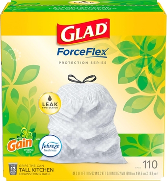 Trash Bags, ForceFlex Tall Kitchen Drawstring Trash Bags, 13 Gallon White Trash Bag for Kitchen Trash Can, Gain Original Scent, Odor Shield, Odor Eliminator, Leak Protection, 110 Count