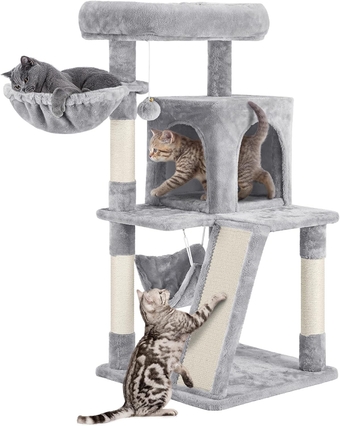 Cat Tree Cat Tower, 40-Inch Cat Condo with Oversized Soft Platform, Scratching Board, Basket and Hammock, Cat Furniture for Kittens Cats Pets, Light Gray