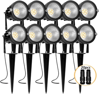 Low Voltage Landscape Lighting: 10W 1000LM LED Landscape Lights Outdoor 2700K Warm White Spotlights with IP65 Waterproof for Yard Garden | 10 Pack of 12V/24V Low Voltage Lights with Connectors
