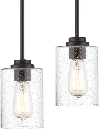 Glass Pendant Light | Farmhouse Mini Pendant Lighting for Kitchen Island Dining Room Over The Sink, Oil Rubbed Bronze with Bubble Glass - DMD9002-1H/2PK
