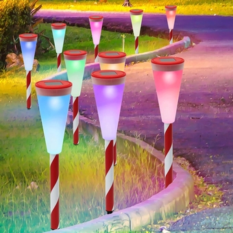 10 Pack Solar Christmas Garden Lights, Solar Powered Outdoor Color Changing Christmas Pathway Markers, Waterproof & Auto On/Off Candy Cane Lights for Xmas Patio Yard Walkway Driveway Decor
