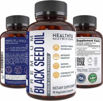 Premium Black Cumin Seed Oil Capsules - Virgin Cold Pressed Nigella Sativa Black Seed Oil Pills - Immune Support Supplement - Omega 3 6 9 Vitamin E Blackseed Oil for Joints Hair Skin 1000 mg p/serving