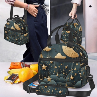 Insulated Lunch Box for Women Men Chic moon star pattern Lunch Bag with adjustable sling for Work