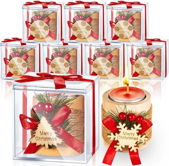 9 Pcs Christmas Candle, Wooden Tealights Candle Holder Set, Christmas Table Decorations Cylinder Candle with Tag for Christmas Table Centerpiece Decor with Xmas Ribbon Gift Box(Warm Color)
