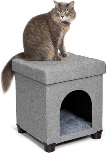 Pet House Ottoman - Cube - Cat or Dog Furniture Bed - Footstool - Extra Seat - Cozy Condo Cave - Grey (Standard)