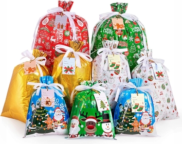 Christmas Gift Bags, 30 PCS Holiday Gift Bags Assorted Sizes, Drawstring Gift Bags with Hanging Gift Tags & String, Christmas Bags for Gifts (6 Patterns & 3 Sizes)
