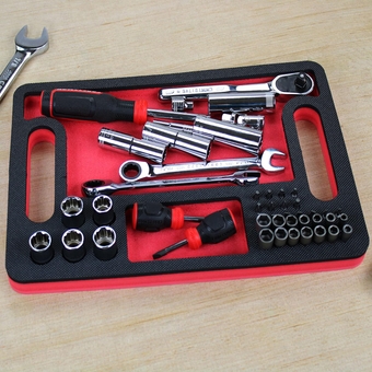 Tool Work Tray Organizer Red and Black Durable Foam Non-Slip Anti-Rattle Bin Holder Drawer Insert with Handles 2 Pockets with Socket/Bit Holes Portable Home Work Garage 15 x 10 Inches