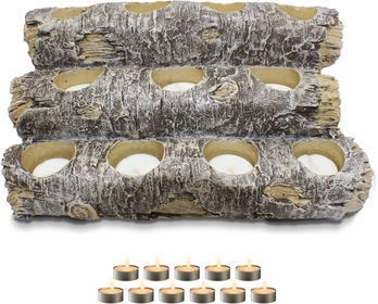 Castaway Faux Fireplace Logs Fireplace Candle Holder. Fake Logs with Lights Included. Realistic Fireplace Log Holder Plus 12 Fireplace Candles. Rustic Decor Wood Log Candle Holder, 11.5 x 6 x 7inch