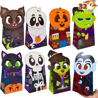 32 Pcs Halloween Treat Bags Die-Cut Flip Over Paper Bags with 8 Halloween Character Designs, Trick or Treat Gift Bags Party Favor Supplies