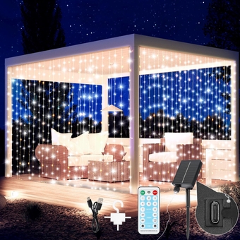 Upgraded Solar Curtain Lights, 300 LED Solar Powered Waterfall String Lights Outdoor Waterproof for Patio Gazebo Backdrop Garden with USB Rechargeable Remote Hanging Twinkle Curtain Fairy Lights