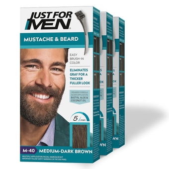 For  Mustache & Beard, Beard Dye   with Brush Included  Easy Application, With Biotin Aloe and Coconut Oil  Healthy Facial Hair - Medium-Dark Brown, M-40, Pack of 3