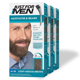 For  Mustache & Beard, Beard Dye   with Brush Included  Easy Application, With Biotin Aloe and Coconut Oil  Healthy Facial Hair - Light-Medium Brown, M-30, Pack of 3
