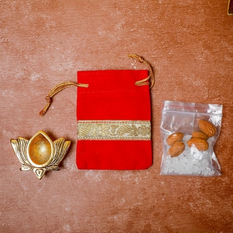 Khushiyon Ka Tohfa - Diwali Return Gift Bulk Contains 4 Drawstring Bag +4 Lotus Diya +4 Almond Mishri for Diwali Decoration for Family & Friends - Festive Diwali, Mandir, Pooja - 4 Pack