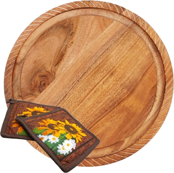 &  Wood Trivet for hot pots and Pans | Natural Acacia Wood | Wood Trivet for hot Dishes | Wooden Cutting Board eversible | Wooden Trivet and 2 hot Pads for itchen | Wood Serving Board Multiuse