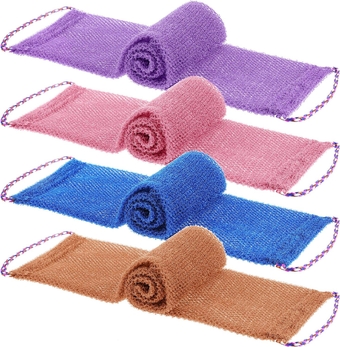 4 Pieces African Net Sponge African Bath Sponge African Exfoliating Net Long Exfoliating Body Scrubber Washcloth Nylon Body Scrub Towel with Ropes for Women Men Daily Use Purple Brown Blue Pink