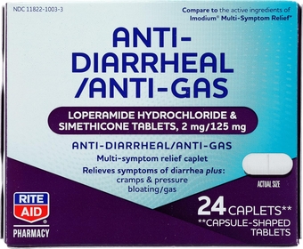 Anti-Diarrheal & Anti-Gas Caplets - 24 Count, Multi-Symptom Relief for Diarrhea and Gas, Loperamide HCI 2 mg and Simethicone 125 mg,
